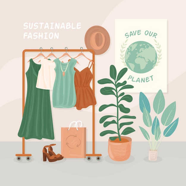 Flat-hand drawn sustainable fashion illustration with hanger and clothes