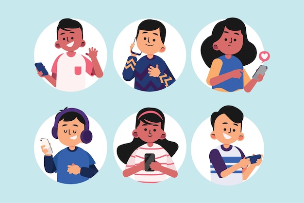 Flat-hand drawn young people using smartphones illustration