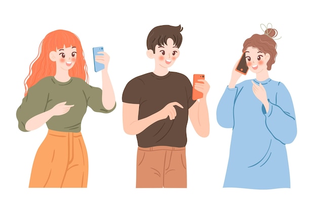 Free vector flat-hand drawn young people using smartphones illustration