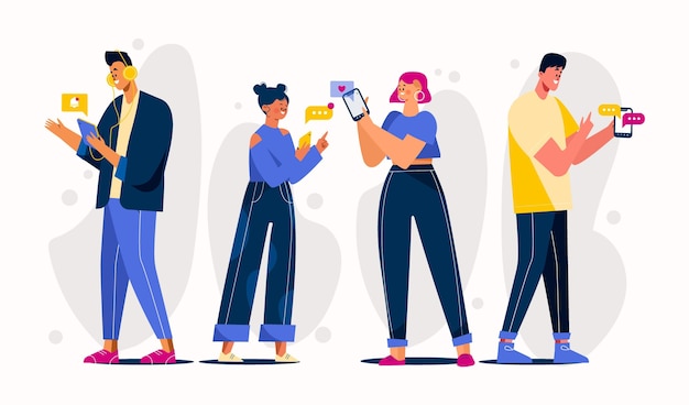 Free vector flat-hand drawn young people using smartphones