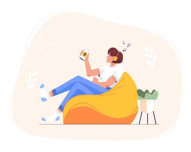 Free Vector flat happy teen girl in headphones sitting at home in bean bag chair and using smartphone for online education. woman relaxing and listening to music, audio podcast, radio or audiobook on mobile phone