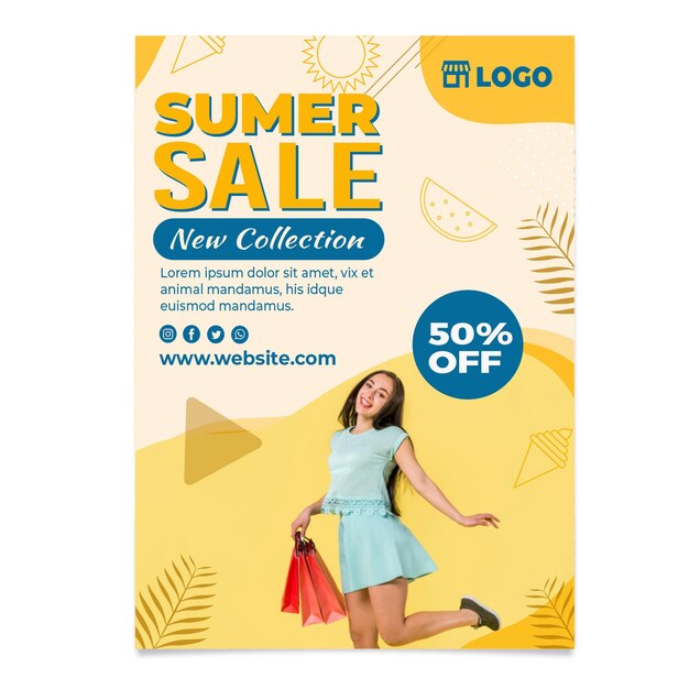 Flat hello summer sale vertical flyer template