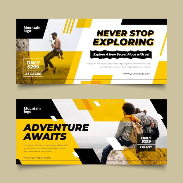 Free Vector flat horizontal adventure banners set with photo