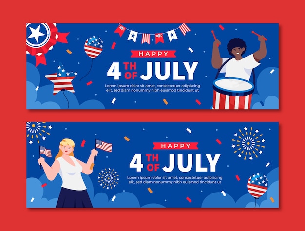 Free Vector flat horizontal banner template for american 4th of july celebration