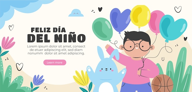 Free Vector flat horizontal banner template for children's day celebration in spanish