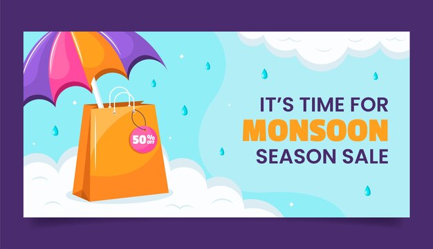 Flat horizontal banner template for monsoon season sale