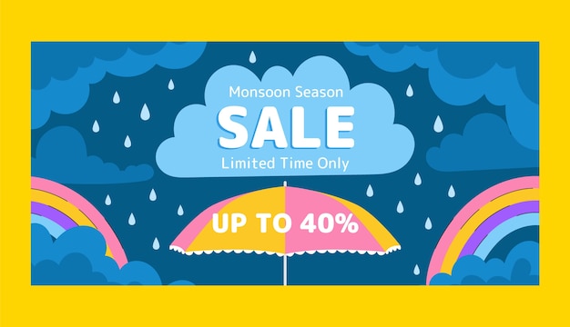 Flat horizontal banner template for monsoon season sale