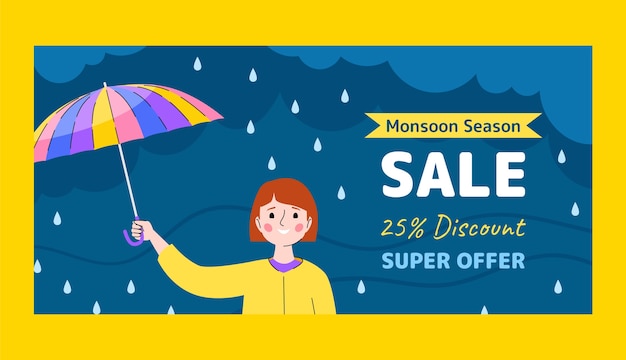 Free vector flat horizontal banner template for monsoon season sale
