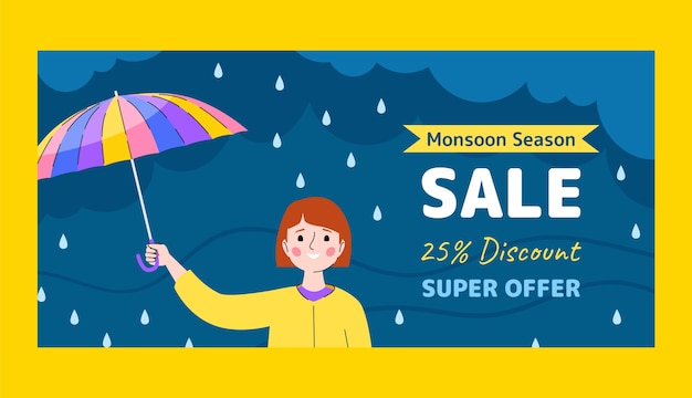 Flat horizontal banner template for monsoon season sale