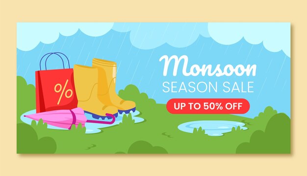 Flat horizontal banner template for monsoon season sales