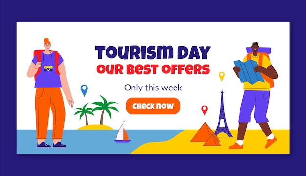 Flat horizontal banner template for world tourism day celebration