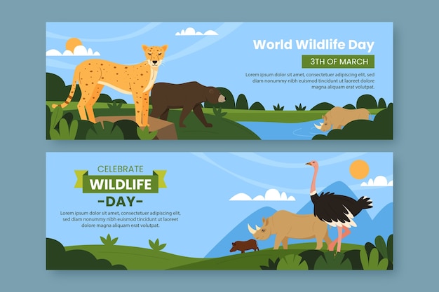 Flat horizontal banner template for world wildlife day with flora and fauna