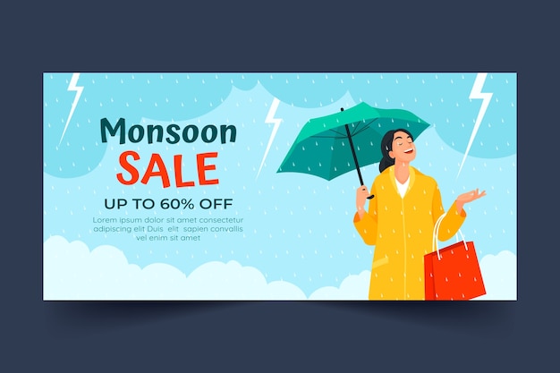 Free vector flat horizontal sale banner template for monsoon season