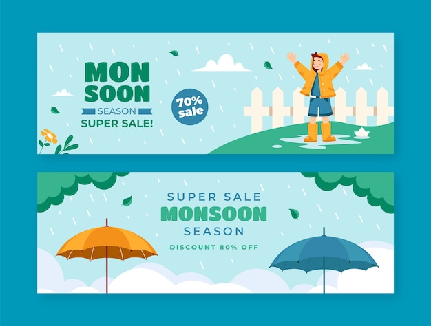 Flat horizontal sale banner template for monsoon season