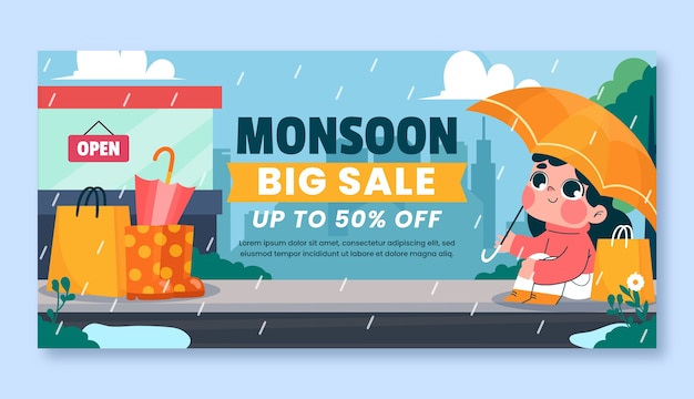 Free Vector flat horizontal sale banner template for monsoon season