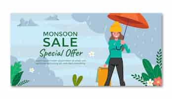 Free vector flat horizontal sale banner template for monsoon season