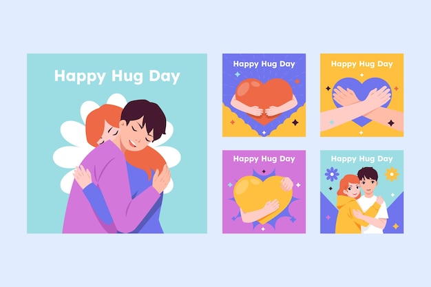 Free Vector flat hug day instagram posts collection