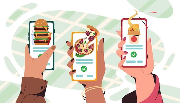 Free vector flat human hands hold smartphone with mobile app for ordering fast food at home or take away. online service for order asian and italian meals. pizza, burger and wok box with noodles delivery.