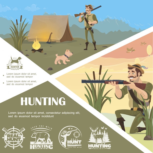 Flat hunting colorful template with standing and aiming hunter camp dog chase monochrome labels