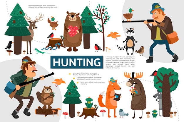 Free Vector flat hunting infographic with hunters wild animals and birds in forest illustration