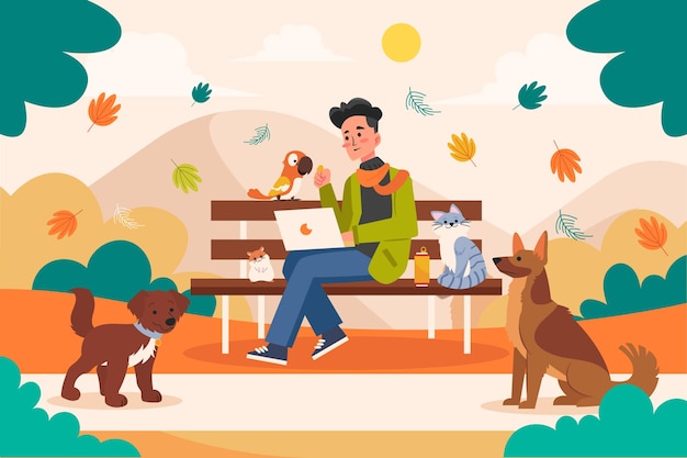 Free Vector flat illustration man with pets outdoors