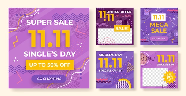 Free Vector flat instagram posts collection for 11.11 sale event