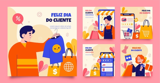 Flat instagram posts collection for dia do cliente