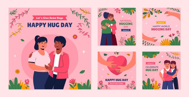 Free vector flat instagram posts collection for hug day celebration