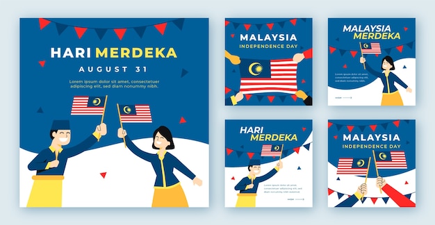 Free Vector flat instagram posts collection for malaysia independence day celebration