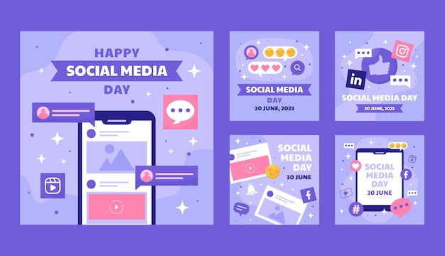 Flat instagram posts collection for social media day celebration