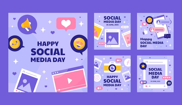 Free Vector flat instagram posts collection for social media day celebration