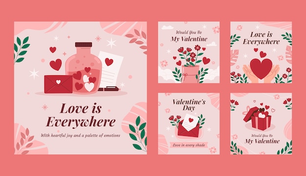 Free vector flat instagram posts collection for valentines day celebration