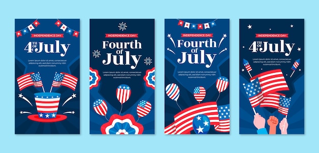 Free vector flat instagram stories collection for american 4th of july holiday celebration