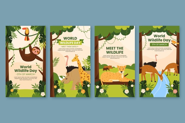 Flat instagram stories collection for world wildlife day with flora and fauna