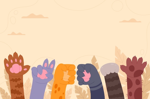 Flat international cat day background with cat paws