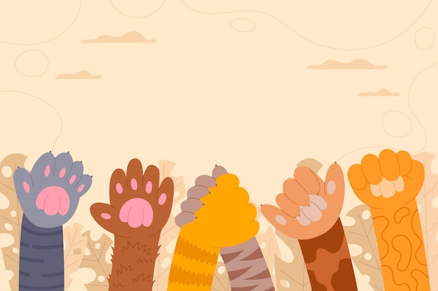 Flat international cat day background with cat paws