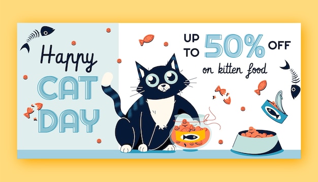 Free Vector flat international cat day horizontal banner template with cat and fish bowl