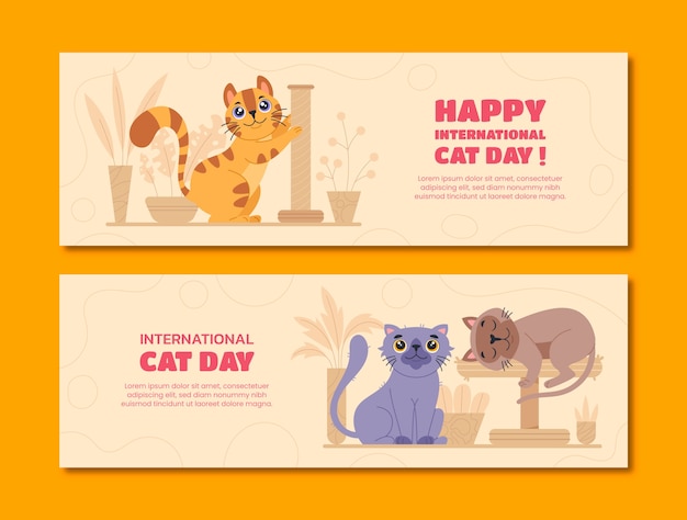 Free vector flat international cat day horizontal banners set with cats