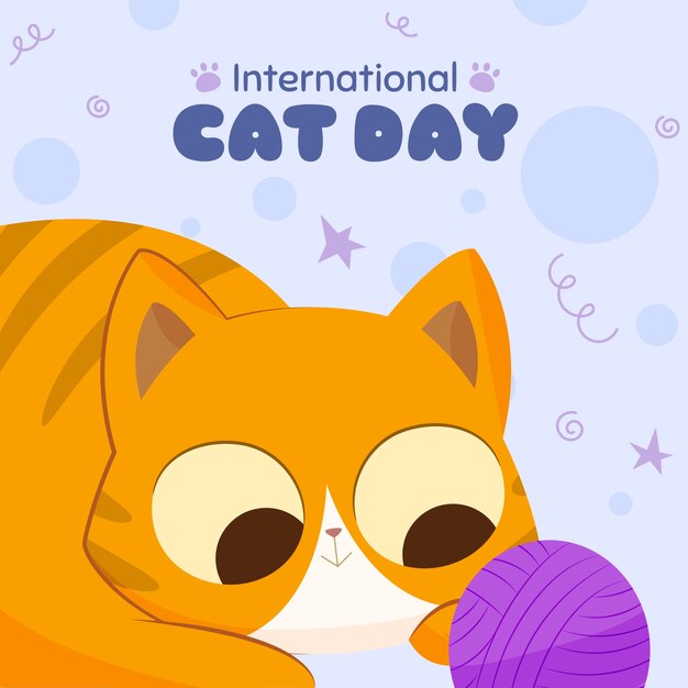 Flat international cat day illustration with cat looking at yarn