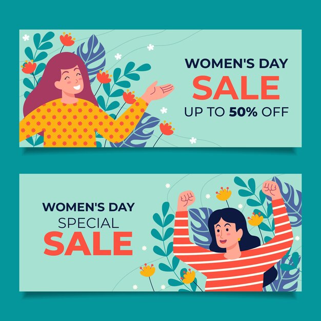 Flat international women's day sale horizontal banners set