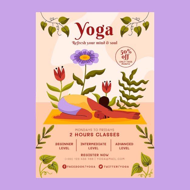 Flat international yoga day vertical flyer template