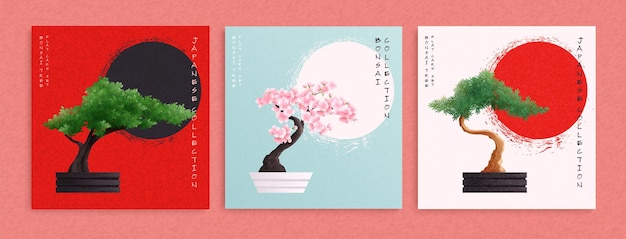 Free Vector flat japanese cards collection with potted green and blooming bonsai trees isolated on textured background vector illustration