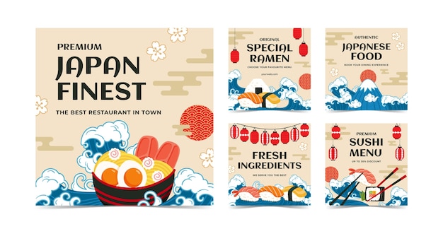 Free Vector flat japanese restaurant instagram posts collection