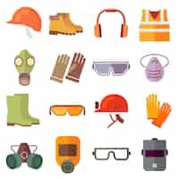 Free vector flat job safety equipment vector icons set. safety icon, helmet equipment, job industrial, safety headgear and protection boot illustration