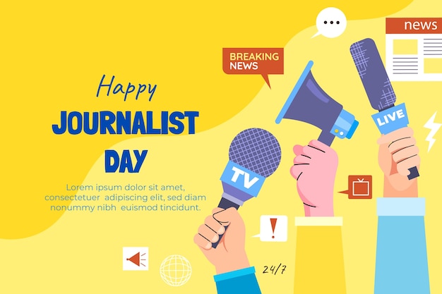 Free Vector flat journalist day background with hands holding journalism items