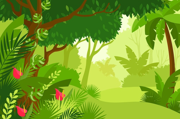 Free Vector flat jungle background with tall trees and colorful flowers