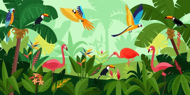 Free vector flat jungle composition birds fly in dense jungle pink flamingos and large parrots vector illustration