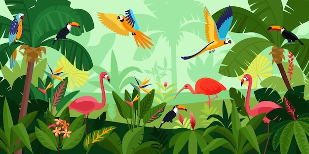 Free Vector flat jungle composition birds fly in dense jungle pink flamingos and large parrots vector illustration