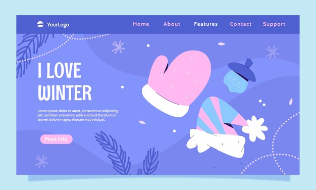 Free vector flat landing page template for winter with mitten and beanie
