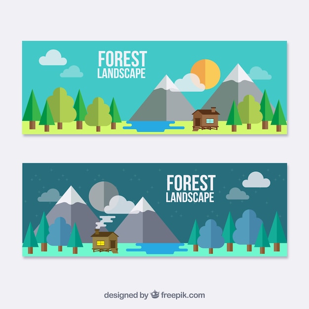 Free vector flat landscape banners with a cute cabin